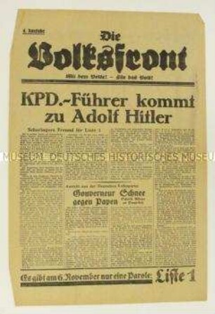 Sonderdruck der NSDAP "Die Volksfront" zur Reichstagswahl im November 1932 u.a. zum Übertritt eines KPD-Funktionärs zur NSDAP