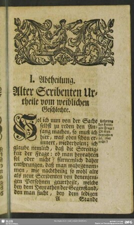 I. Abtheilung. Alter Scribenten Urtheile vom weiblichen Geschlechte