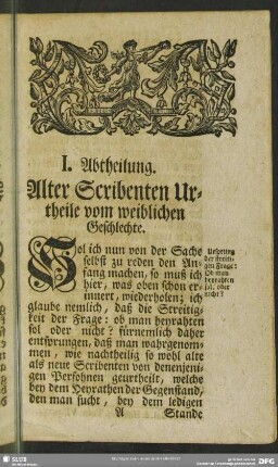 I. Abtheilung. Alter Scribenten Urtheile vom weiblichen Geschlechte