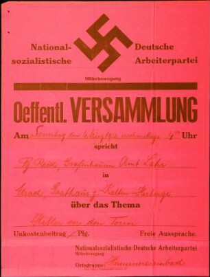Versammlung der NSDAP-Ortsgruppe Hammereisenbach: Hitler vor den Toren (in Urach)