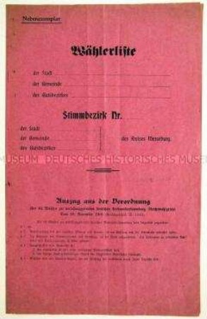 Vordruck einer Wählerliste zu den Wahlen der deutschen Nationalversammlung 1919