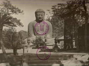 Großer Buddha (Daibutsu) von Kamakura : Kamakura. Kōtoku-in-Tempel. Großer Buddha (Daibutsu, Darstellungen des Buddha Amitabha in sitzender Meditationshaltung) (1252 begonnen; Ōno-Gorōemon, Tanji-Hisatomo). Bronze; H. 11,4 m, Gewicht 93 t. Aufnahme mit kleinem Jungen