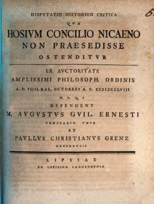 Disp. hist. crit. qua Hosium concilio Nicaeno non praesedisse ostenditur