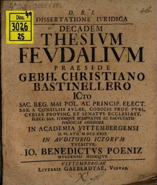 Diss. iur. decadem thesium feudalium tuebitur