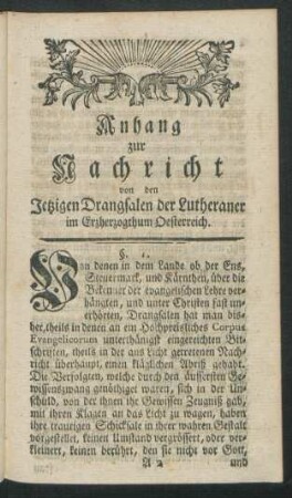 Anhang zur Nachricht von dem Jetzigen Drangsalen der Lutheraner im Erzherzogthum Osterreich