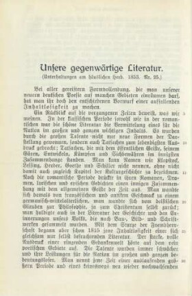 Unsere gegenwärtige Literatur (Unterhaltungen am häuslichen Herd. 1853. Nr. 25)