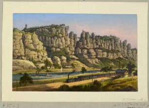 Die Basteifelsen bei Rathen in der Sächsischen Schweiz vom linken Elbufer nach Nordosten gesehen, im Vordergrund eine Eisenbahn auf der 1851 eröffneten Dresden-Bodenbacher Linie