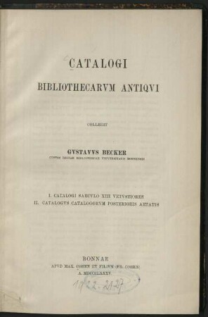 Catalogi bibliothecarvm antiqvi