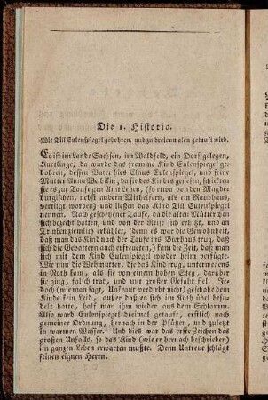 Die 1. Historia. Wie Till Eulenspiegel gebohren, und zu dreienmalen getauft wird. - Die 27. Historia. Wie Eulenspiegel bei dem Landgrafen zu Hessen mahlet, und überredet, wer unehlich wäre, der könnte es nicht sehen.