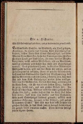 Die 1. Historia. Wie Till Eulenspiegel gebohren, und zu dreienmalen getauft wird. - Die 27. Historia. Wie Eulenspiegel bei dem Landgrafen zu Hessen mahlet, und überredet, wer unehlich wäre, der könnte es nicht sehen.