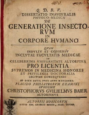 Dissertatio Inavgvralis Physico-Medica De Generatione Insectorvm In Corpore Hvmano