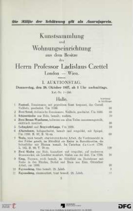 I. Auktionstag: Donnerstag, den 28. Oktober 1937, ab 3 Uhr nachmittags (Nr. 1-250)