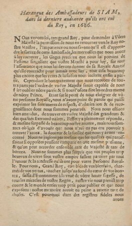 Harangue des ambassadeurs de Siam dans la derniere audiance qu'ils ont eue du Roy, en 1686