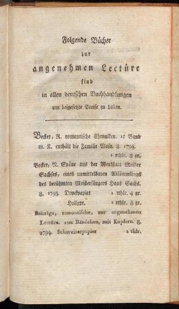 Folgende Bücher zur angenehmen Lectüre [...].
