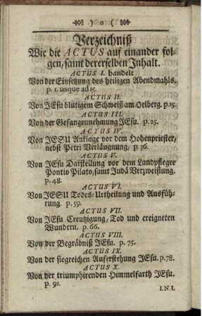 Verzeichniß Wie die Actus auf einander folgen, samt dererselben Inhalt