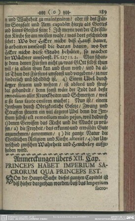 Anmerckungen übers XII. Cap. Princeps Habet Imperium Sacrorum Qua Princeps Est