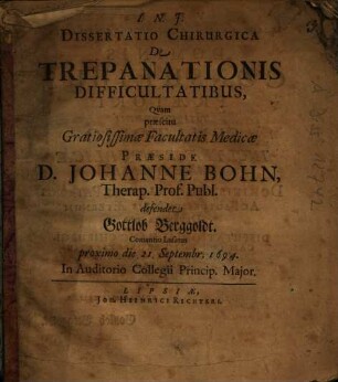 Dissertatio Chirurgica De Trepanationis Difficultatibus