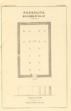 Plate XVI. Pankuliya Building No. 26-27. Plan. Front elevation.
