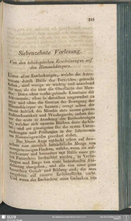 Siebenzehnte Vorlesung. Von den teleskopischen Erscheinungen auf den Himmelskörpern
