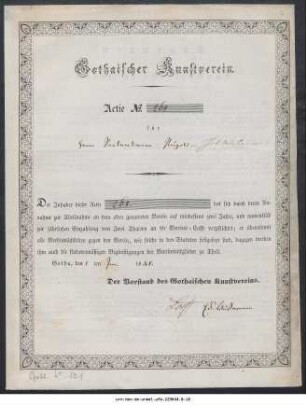 Gothaischer Kunstverein : Actie No. [] für [] : Gotha, den 28ten November 1847