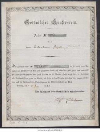 Gothaischer Kunstverein : Actie No. [] für [] : Gotha, den 28ten November 1847