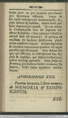 Aphorismus XXII. Partim interno, Libro nempe de Memoria & Reminiscentia