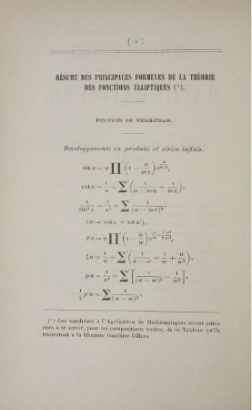 Résumé des principales formules de la Théorie des fonctions elliptiques.