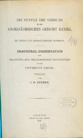 Die Syntax des Verbums in dem angelsächsischen Gedicht Daniel : Ein Beitr. zur angelsächs. Grammatik