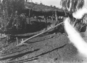 Holzpflug : Blick auf einen Mann und einen Holzpflug. Dahinter vermutlich ein Stall.