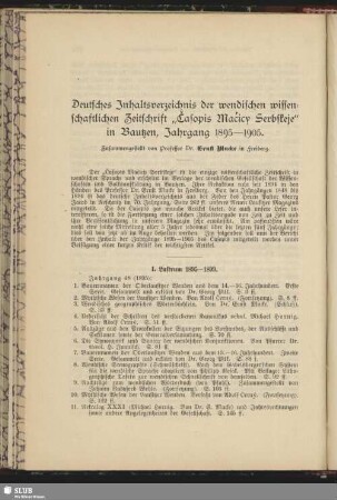 Deutsches Inhaltsverzeichnis der wendischen wissenschaftlichen Zeitschrift "Casopis Macicy Serbskeje" in Bautzen, Jahrgang 1895 - 1905