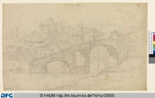 Ansicht einer italienischen Ortschaft mit Gebäuden auf einem Hügel und Überresten einer Brücke