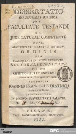 Dissertatio Inaugurualis Juridica De Facultate Testandi Ex Jure Naturali Competente