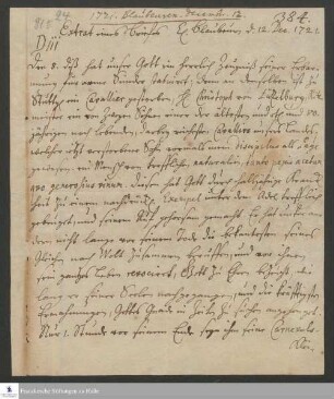 Auszug eines Briefes von Philipp Heinrich Weissensee an [Unbekannt].