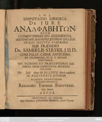 Disputatio Iuridica De Iure Analphabētōn