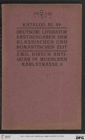 Nr. 49: Katalog: Deutsche Literatur, Erstausgaben der klassischen und romantischen Zeit
