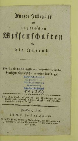 Kurzer Inbegriff der nützlichsten Wissenschaften für die Jugend