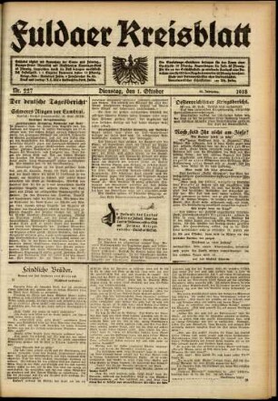 Erste Ausgabe vom Dienstag, den 01. Oktober 1918.