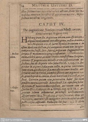 Caput IV. De cognitione Antiquorum Mediorum circa naturam Argenti vivi.
