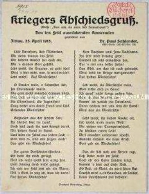 Flugblatt mit patriotischem Liedtext, das die Gedanken eines in den Krieg ziehenden Soldaten widerspiegelt.