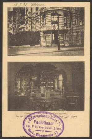 Ansichtskarte "Wichmann‘s Restaurant", Glogauer Straße 17