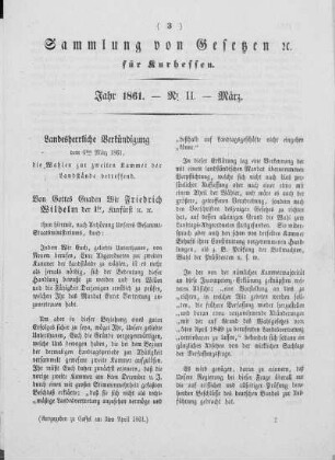 Sammlung von Gesetzen cc. für Kurhessen, Jahr 1861, Nr. II, März