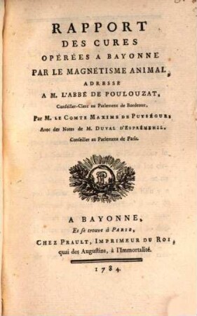 Rapport des Cures opérées à Bayonne par le Magnetisme animal