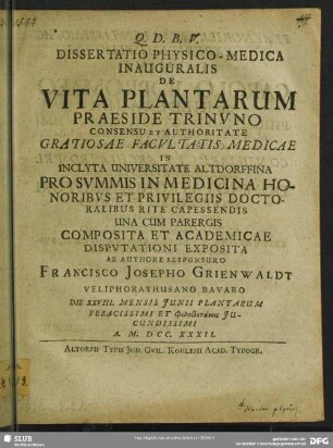 Dissertatio Physico-Medica Inauguralis De Vita Plantarum