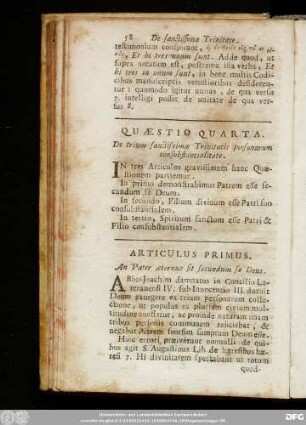 Quaestio Quarta. De trium sanctissimae Trinitatis personarum consubstantialitate.