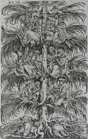 Von Adelichem Stamm und Ursprung (Ständebaum) : Petrarca-Meister: Titelholzschnitt des Kapitels "Von Rath in gutem Glück". Holzschnitt; 15,5 x 9,3 cm. Aus: Petrarca: Von der Artzney bayder Glück. Augsburg; 1532. Dresden: Kupferstich-Kabinett B 258, 2, Blatt 13