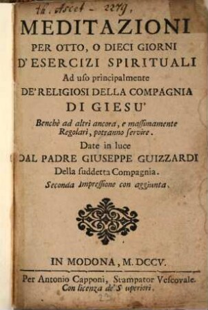 Meditazioni per otto, o dieci giorni d'esercizi spirituali