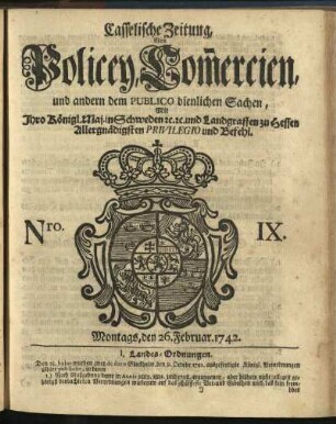 Nro. IX, Montags, den 26. Februar 1742