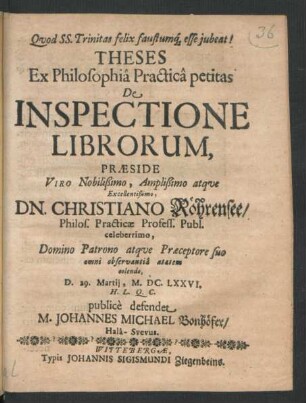 Theses Ex Philosophia Practica petitas De Inspectione Librorum