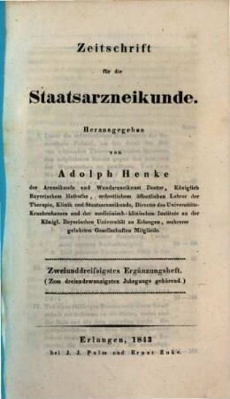 Zeitschrift für die Staatsarzneikunde. Ergänzungsheft. 32. 1843