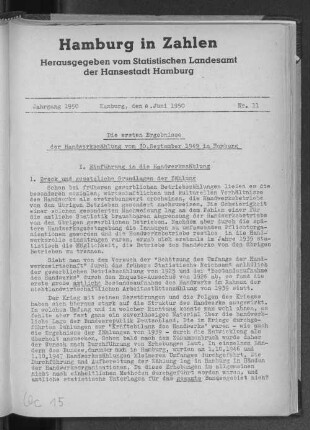 Die ersten Ergebnisse der Handwerkszählung vom 30. September 1949 in Hamburg